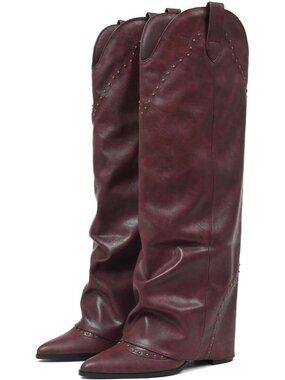 Women's Burgundy Shark Studded Fold Over Knee High Boots Pull on Cowgirl Boots